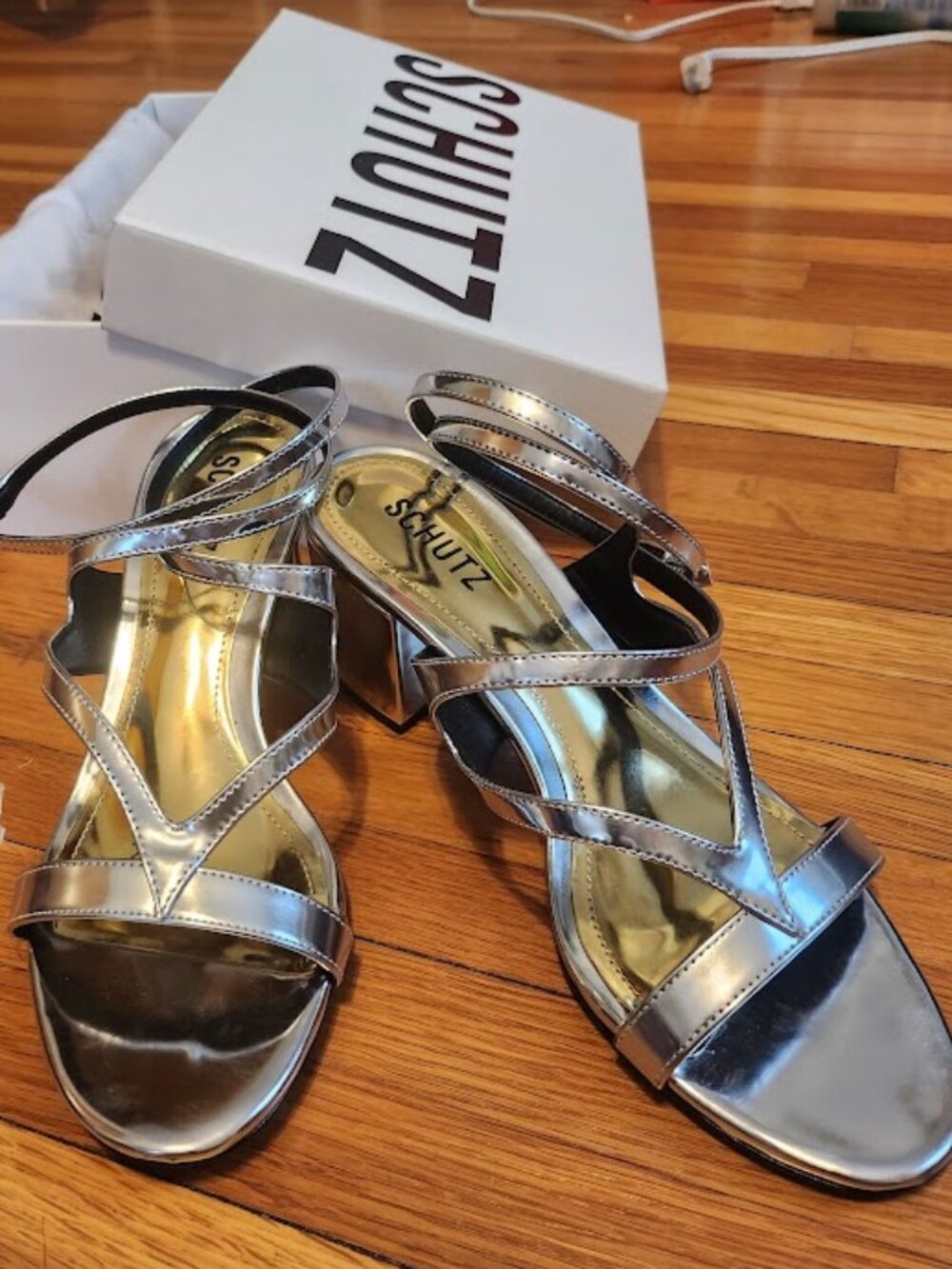 Schutz Stephanie Silver and Gold Strappy Block Heel Size 9.5